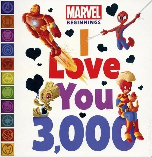 Marvel-themed book cover with superhero characters and 'I Love You 3,000' text.