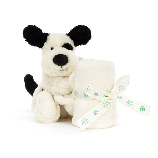 Jellycat Bashful Black & Cream Puppy Soother (Small) with Dust Cover