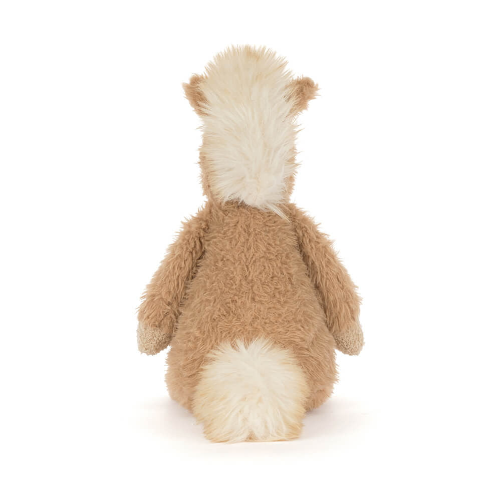 Back view of a plush toy resembling a rabbit with brown fur and white accents on a white background