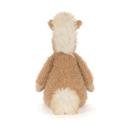 Back view of a plush toy resembling a rabbit with brown fur and white accents on a white background