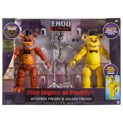 Five Nights at Freddy's Withered Freddy & Golden Freddy Collector Figure 2-pack set in its original retail packaging, featuring the orange-brown Withered Freddy, the yellow Golden Freddy, and a silver robot figure.