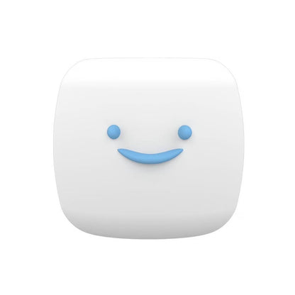 White square with blue smiley face on a white background