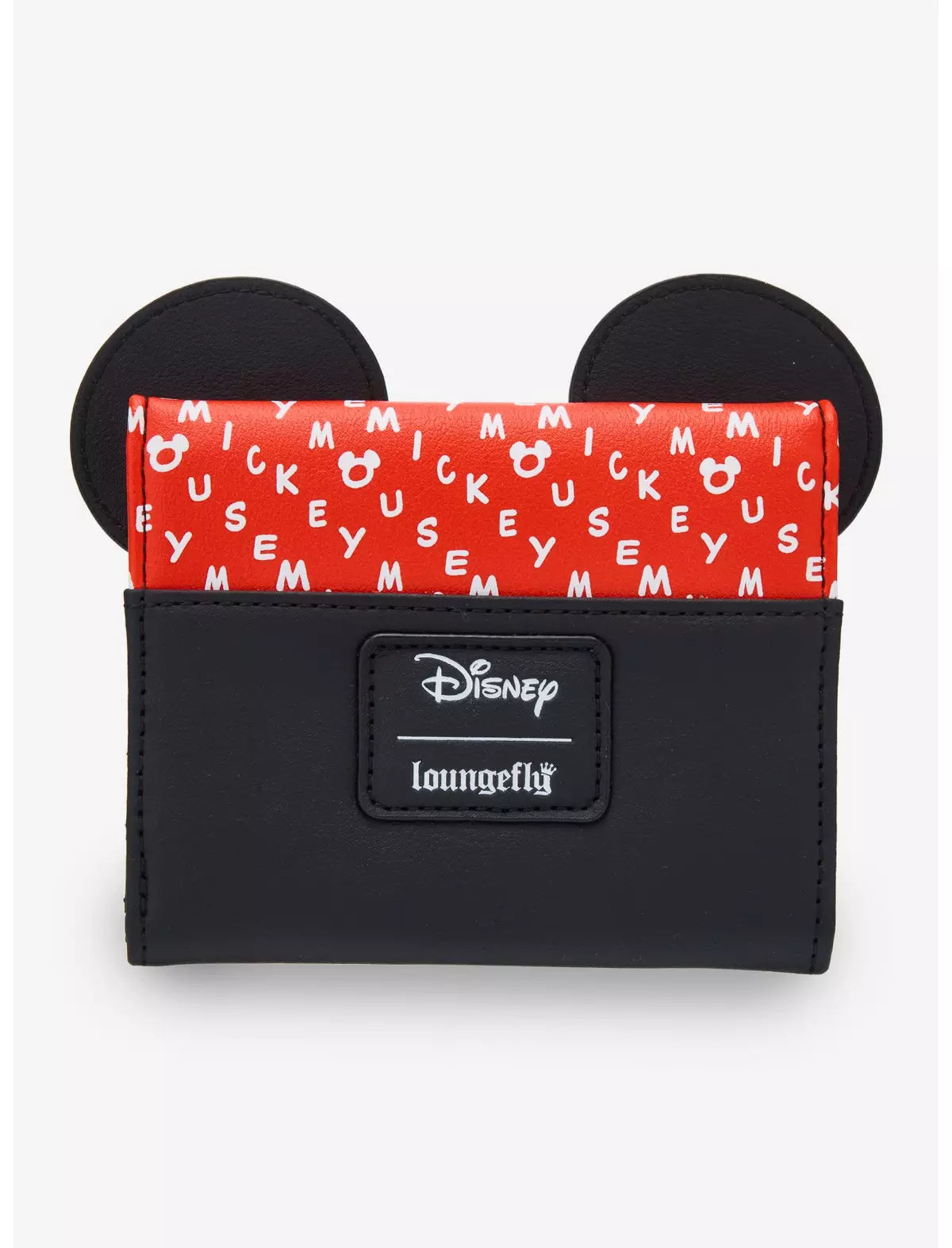 Black wallet with Mickey Mouse ears and red interior with white text on a white background