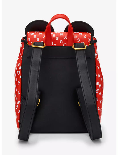 Black backpack with red straps featuring white text on a white background