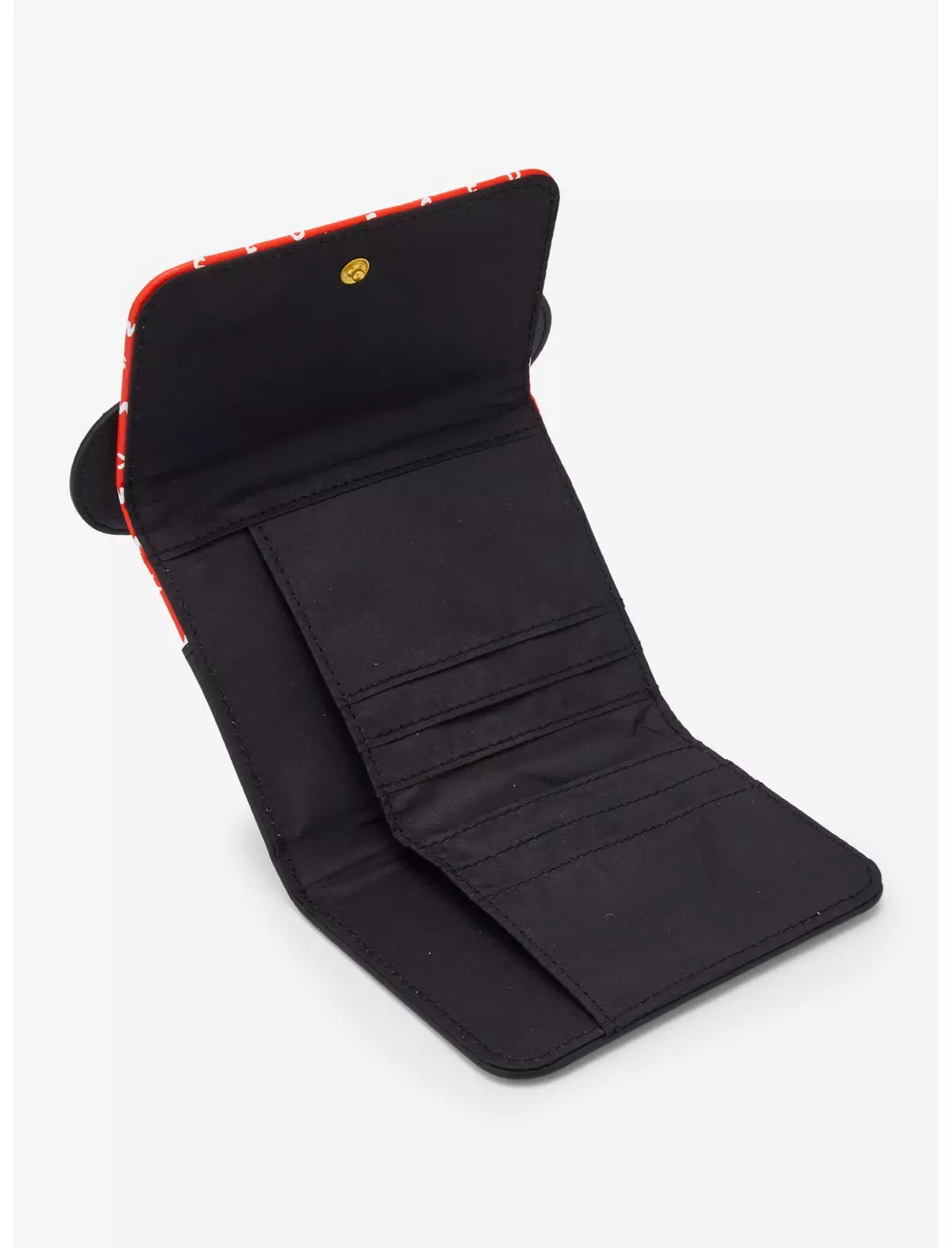 Black wallet with red interior lining on a white background