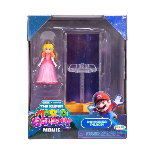 Toy figure packaging featuring Princess Peach from 'The Super Mario Galaxy Movie' with colorful branding.