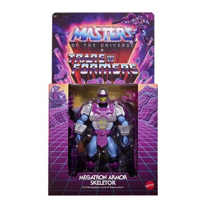 Action figure packaging with 'Masters of the Universe' branding on a purple background