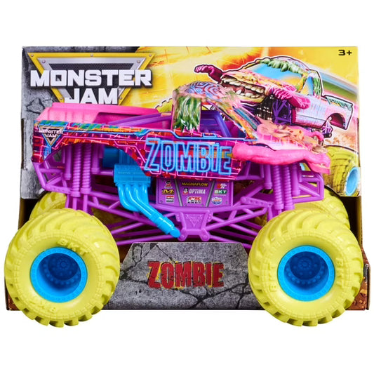 Monster Jam toy truck with 'Zombie' branding in packaging