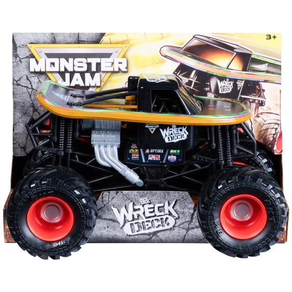 Monster Jam Wreck Deck toy truck in its original retail packaging, featuring a black body with a yellow and green deck, red wheels, and a detailed printed box background.