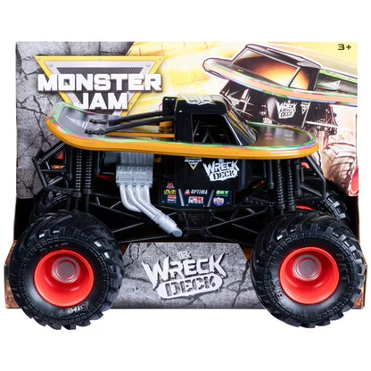 Monster Jam Wreck Deck toy truck in its original retail packaging, featuring a black body with a yellow and green deck, red wheels, and a detailed printed box background.