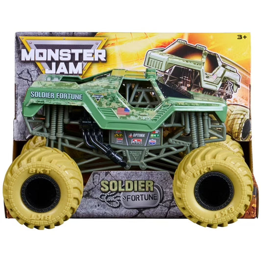 Monster Jam Soldier Fortune toy monster truck in its original retail packaging, featuring a green camouflage body and oversized yellow tires.