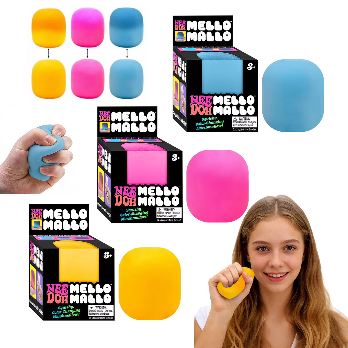 Collage of Mello Mallo gummy candy packaging and colorful gummies with a person holding a yellow one.