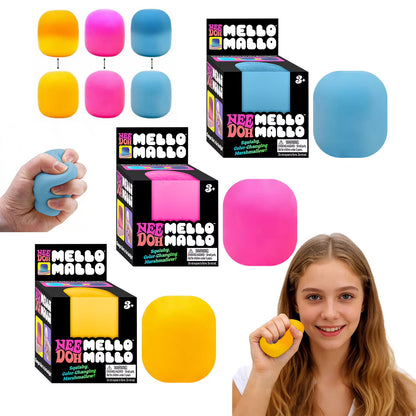 Collage of Mello Mallo gummy candy packaging and colorful gummies with a person holding a yellow one.