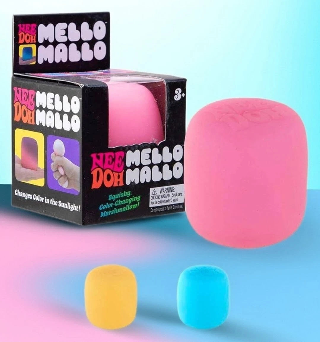 Mello Mallo toy packaging with a pink color-changing marshmallow and two smaller colored ones on a gradient background.