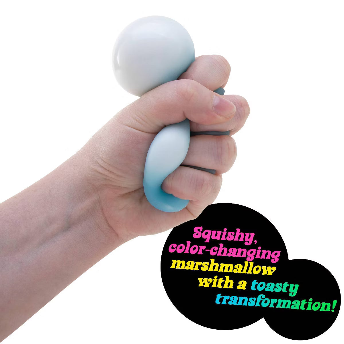 Hand holding a color-changing marshmallow toy with text on a white background