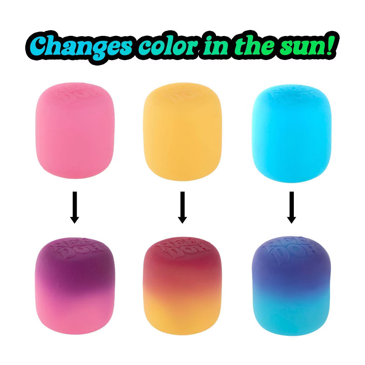 Color-changing silicone products with text indicating color change in sunlight.