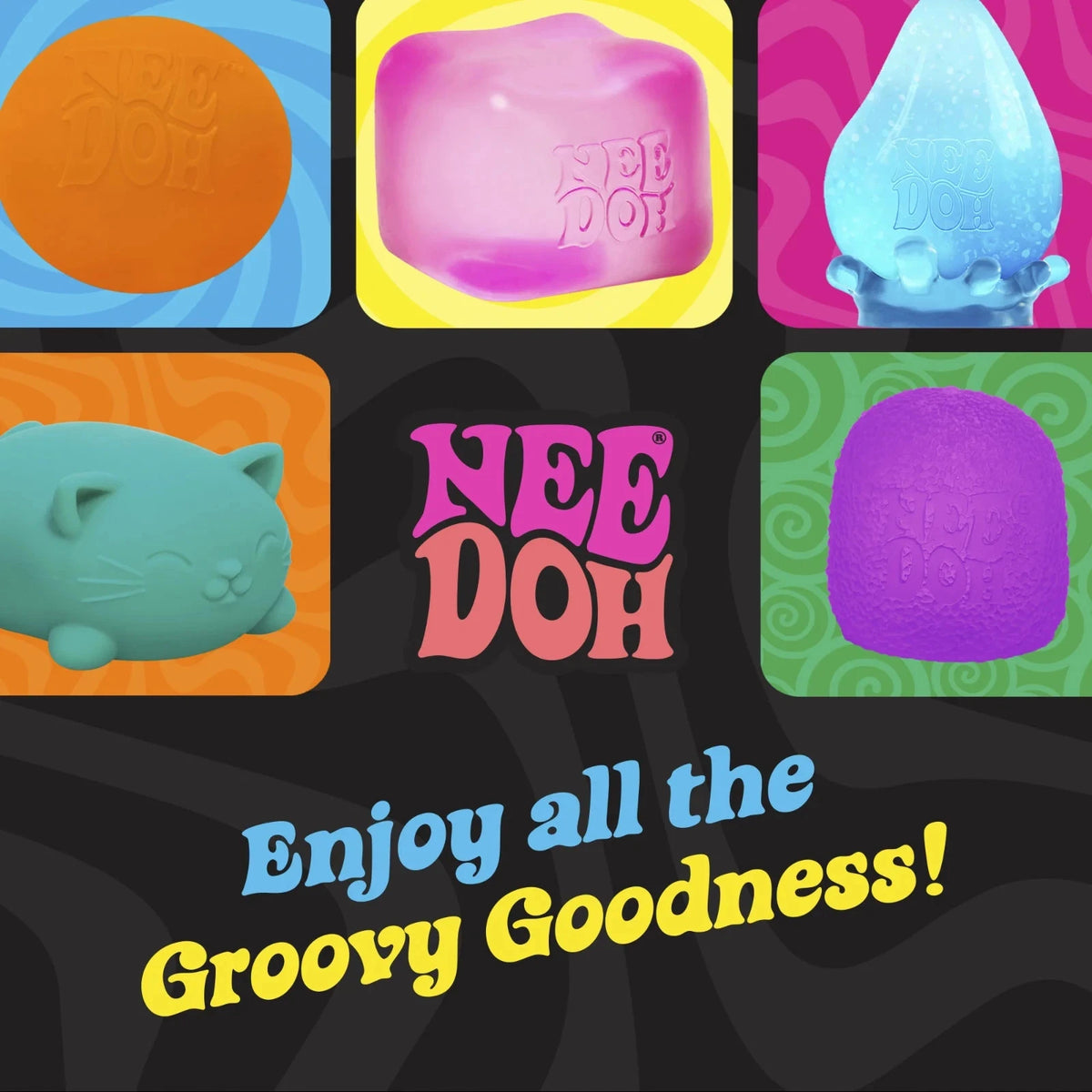 Colorful Nee Doh toys with text on a dark background