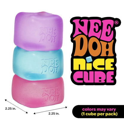 Stack of three colorful plastic cubes with 'Nee Doh Nice Cube' branding and dimensions on a white background.