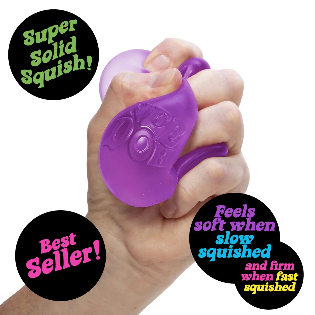 Hand holding a purple squishy toy with text describing its properties on a white background