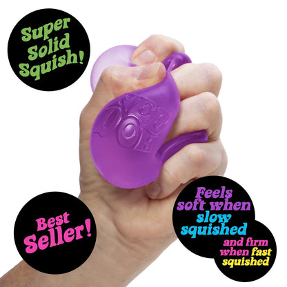 Hand holding a purple squishy toy with text describing its properties on a white background