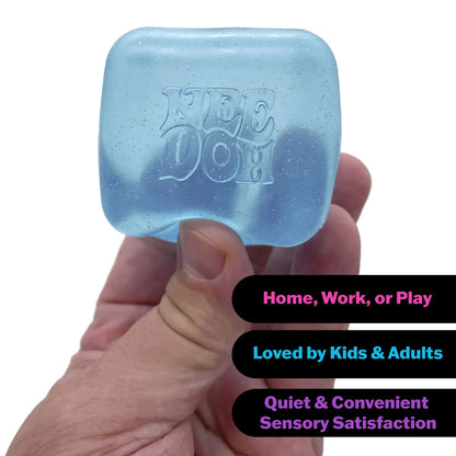 Blue square object with branding held in a hand against a white background