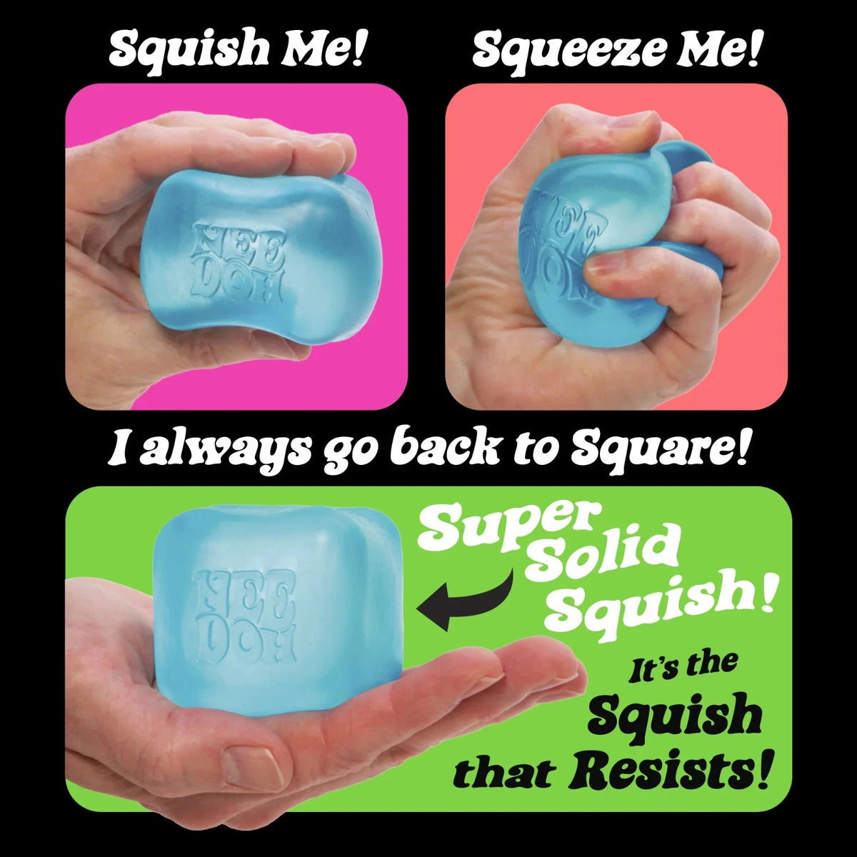 Promotional image of a blue squishy toy with text on a black background