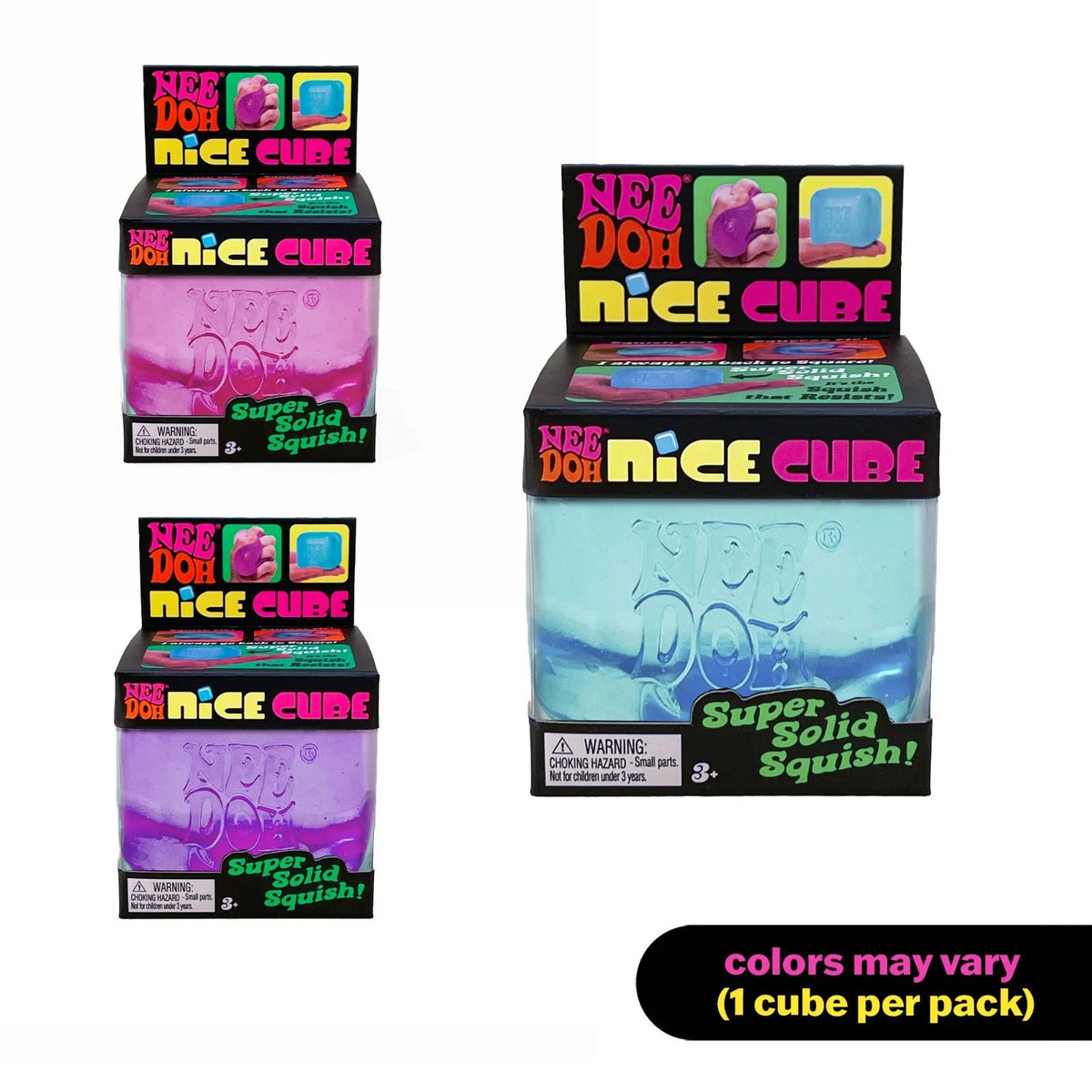 Display of 'Nee Doh Nice Cube' packaging with colorful boxes on a white background.