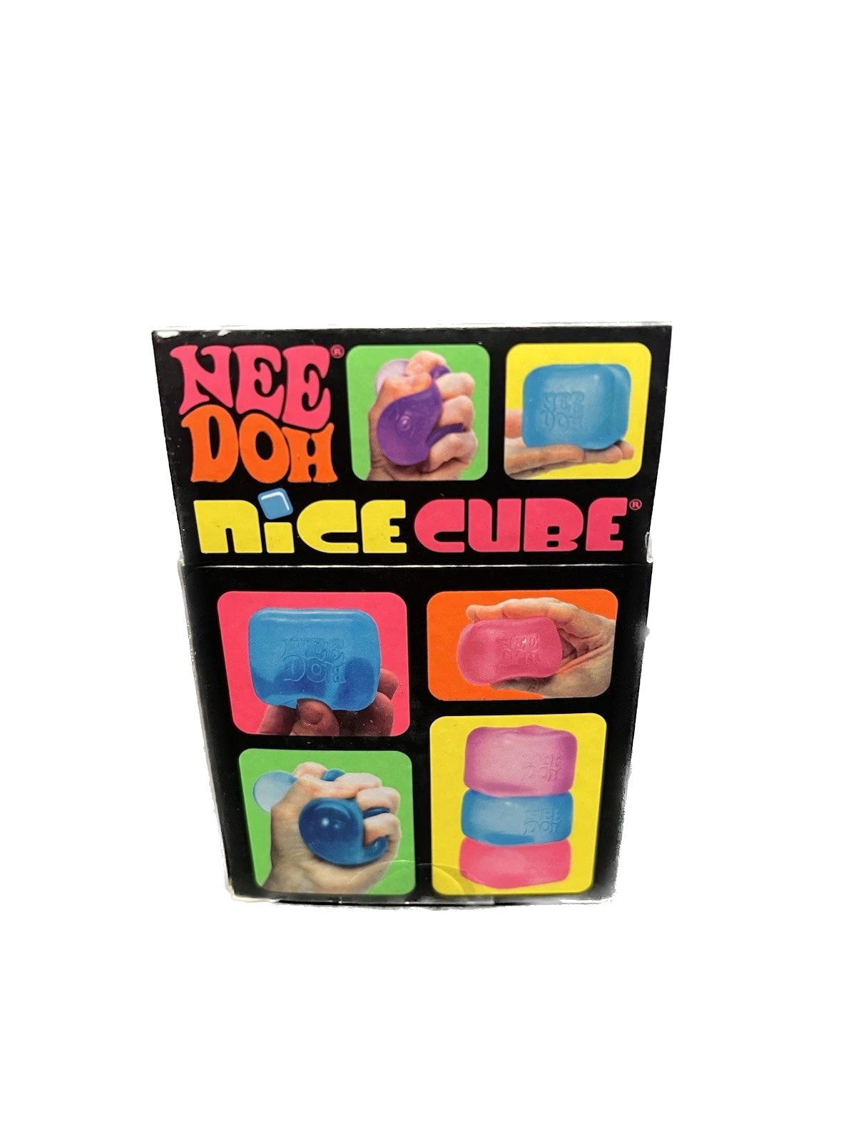 Packaging of Nee Doh Nice Cube with colorful illustrations on a white background