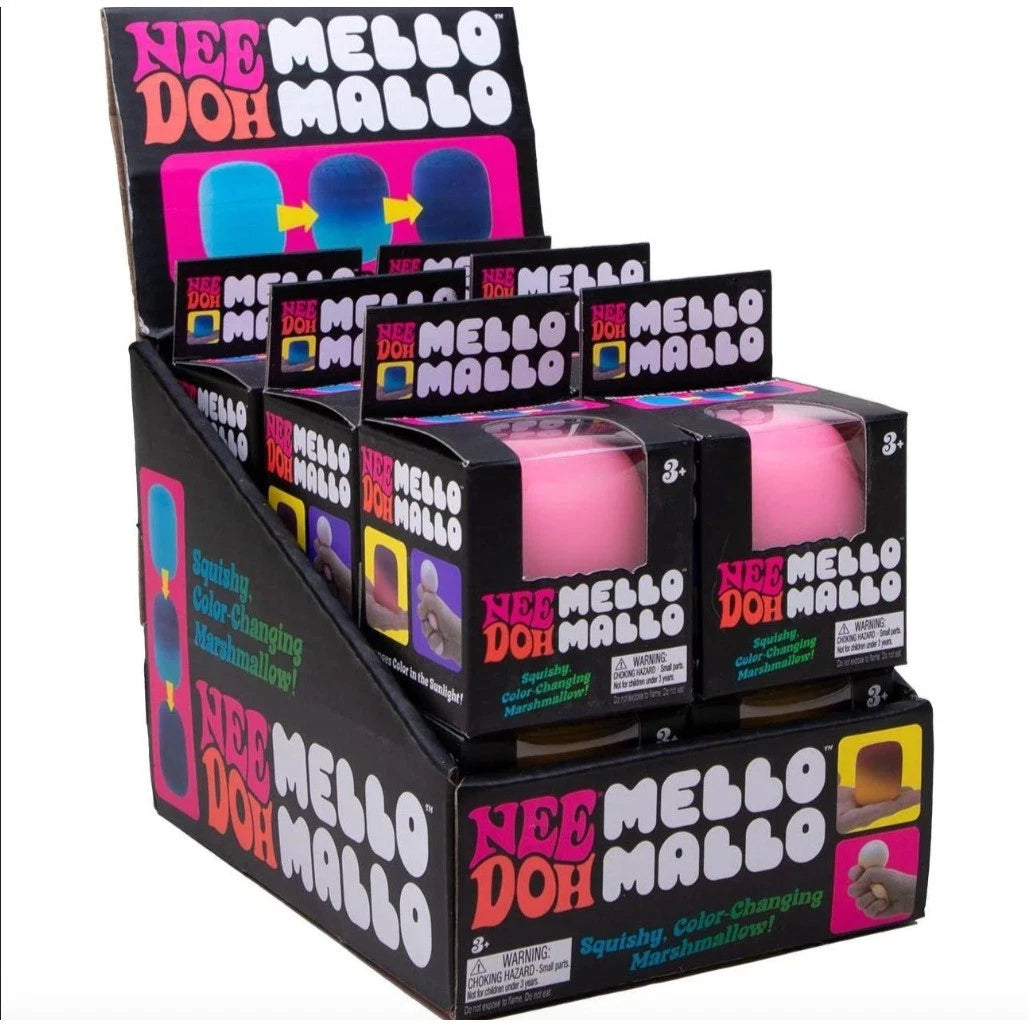 A retail display box filled with Nee Mello Doh Mallo squishy color-changing marshmallow keys on a plain white background.