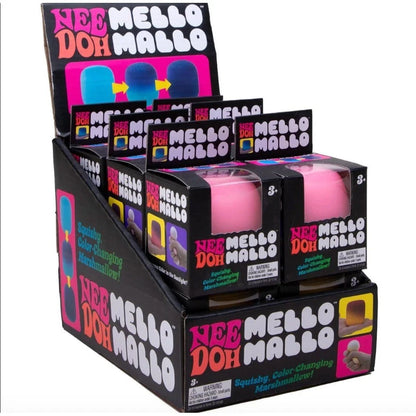 A retail display box filled with Nee Mello Doh Mallo squishy color-changing marshmallow keys on a plain white background.