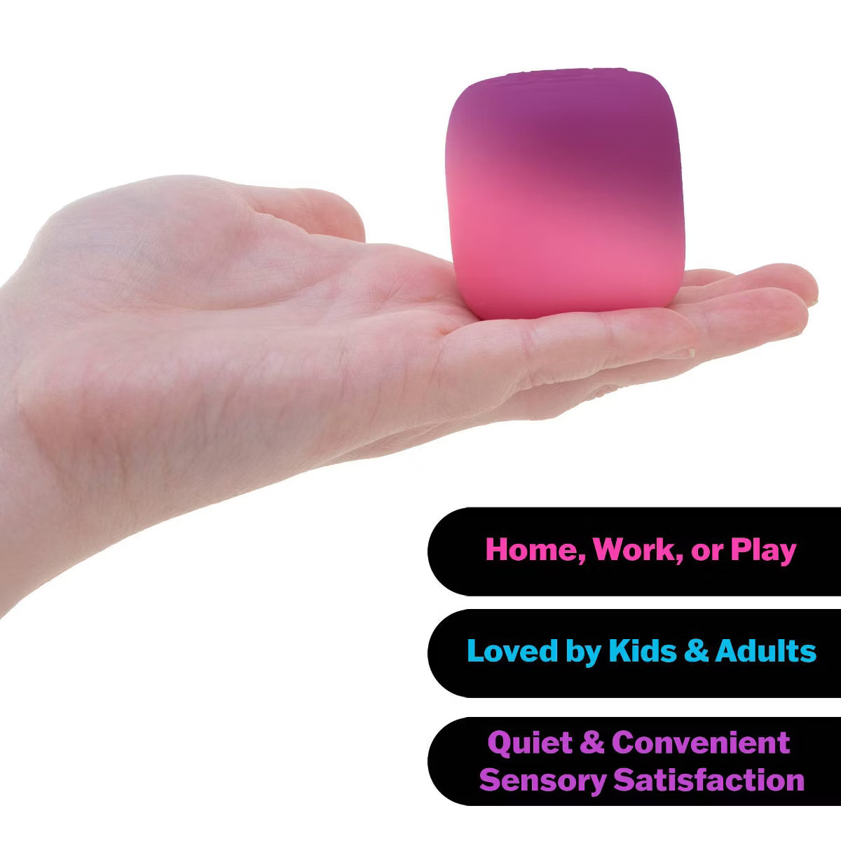 Hand holding a pink and purple cylindrical object with text about its uses on a white background