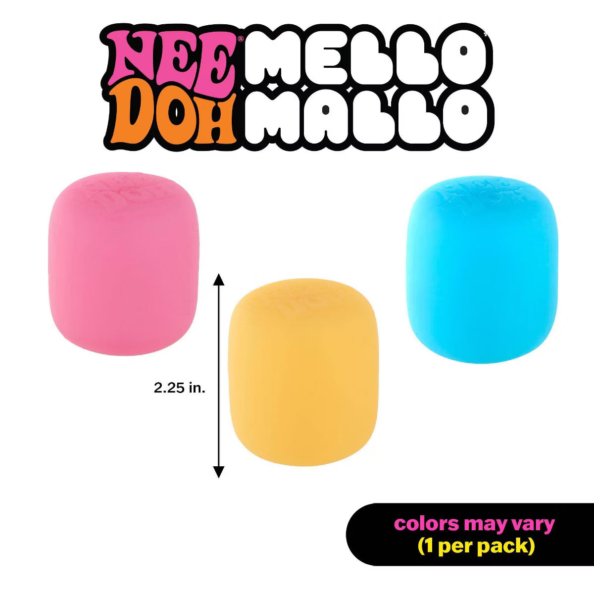 Three colorful blocks of Nee Doh Mallo with a measurement label and brand name.