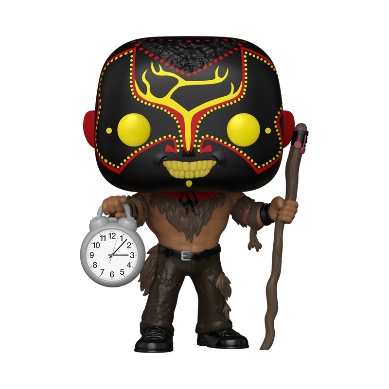 Figurine with a mask holding a clock and staff on a white background