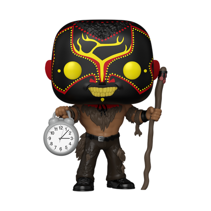 Figurine with a mask holding a clock and staff on a white background