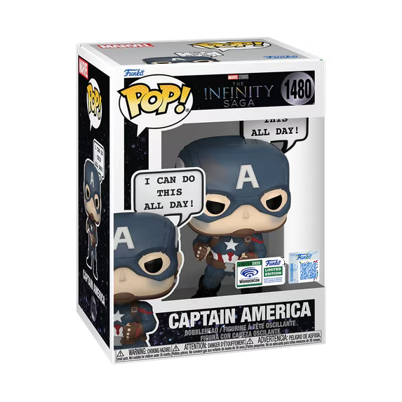 Funko Pop! Captain America figure in packaging with 'Infinity Saga' branding