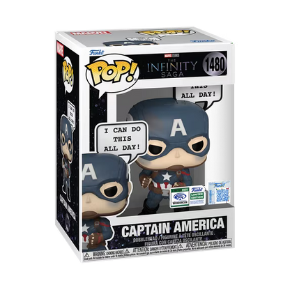 Funko Pop! Captain America figure in packaging with 'Infinity Saga' branding