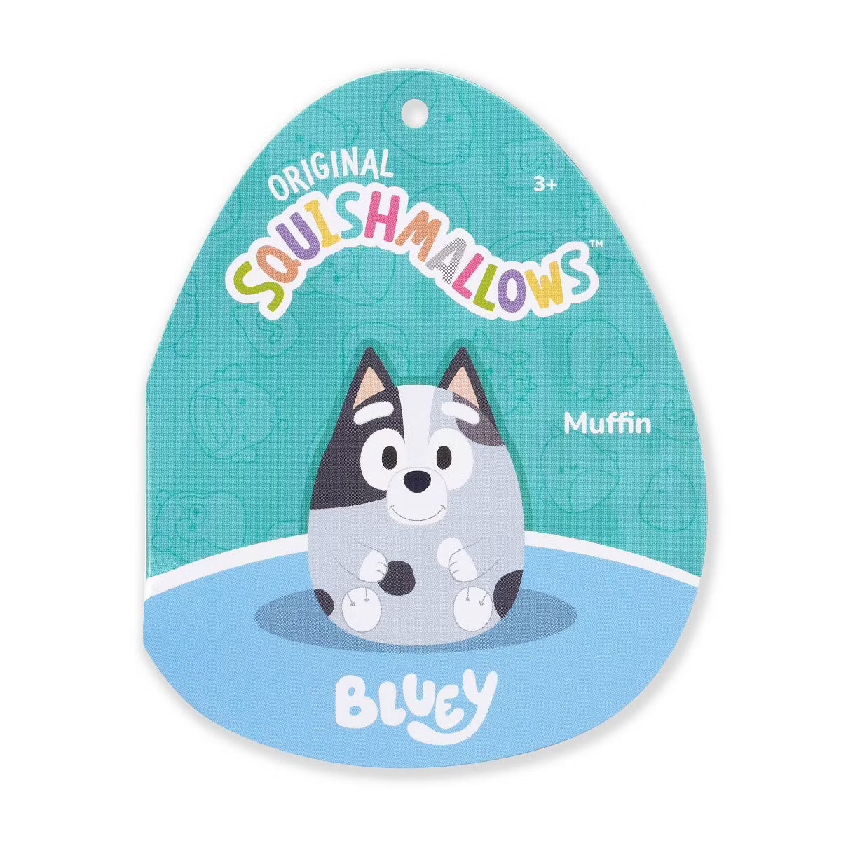 Squishmallow toy packaging with character Muffin on a blue and green background