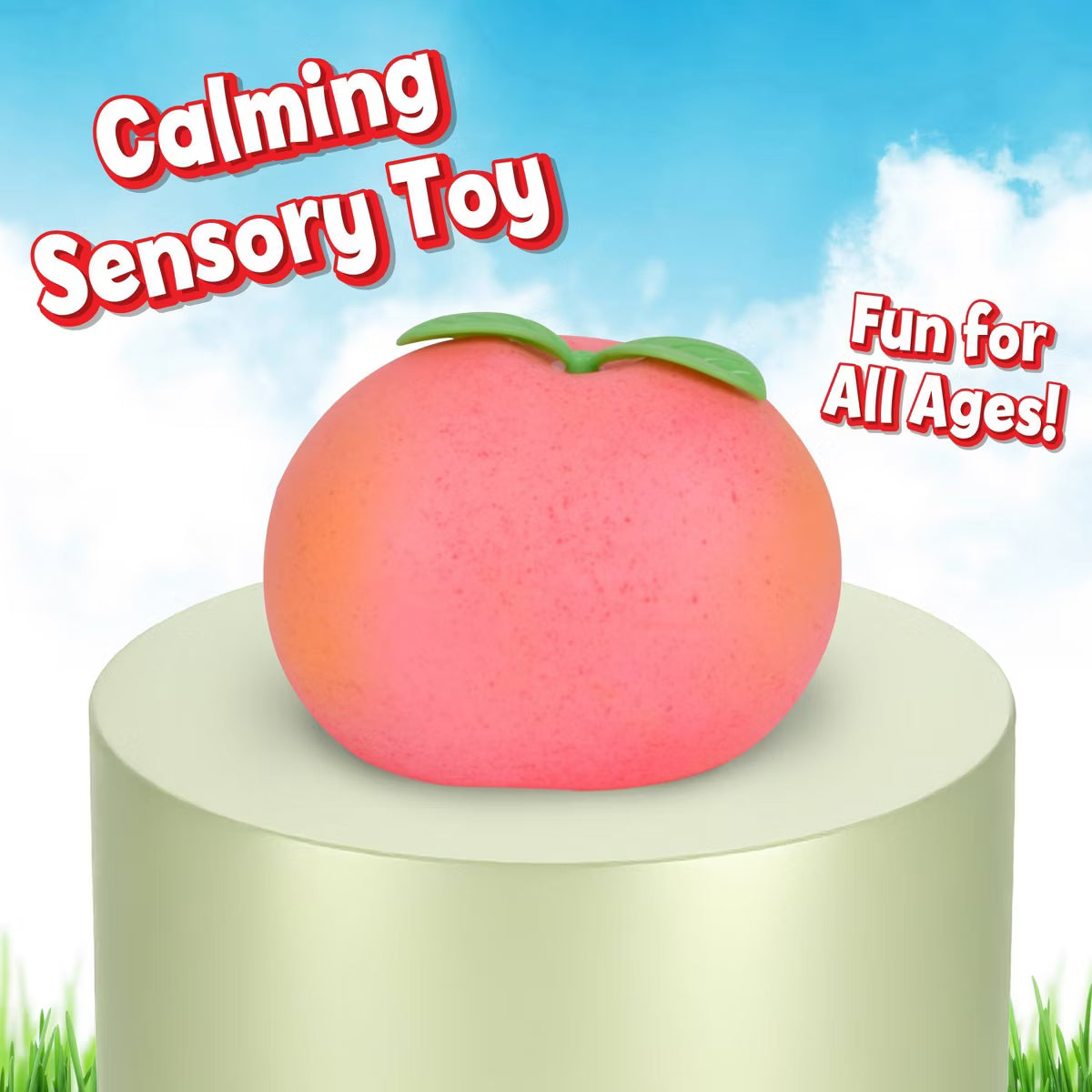 Pink round sensory toy with green stem on a white pedestal against a blue sky background.