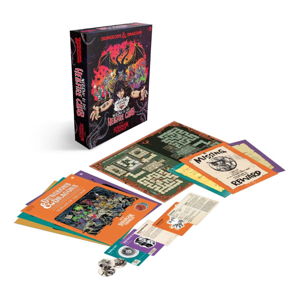 Dungeons & Dragons tabletop game set with character sheets and box on a white background