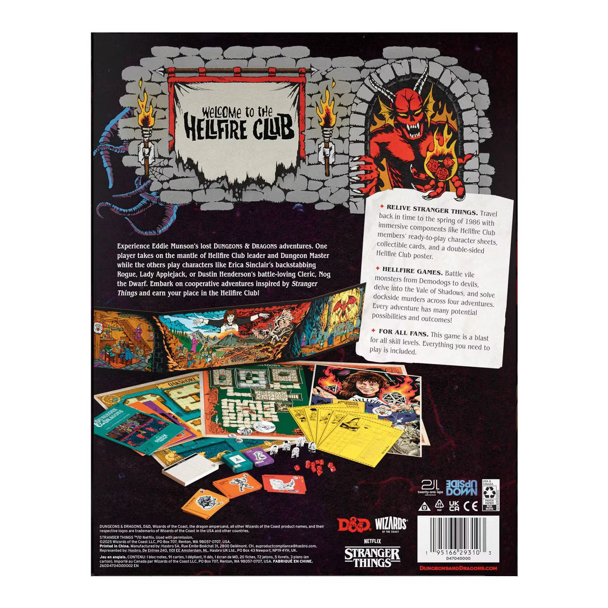 Back cover of a 'Stranger Things' themed board game packaging with illustrations and text.