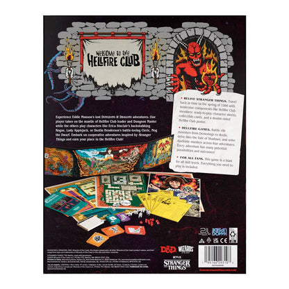 Back cover of a 'Stranger Things' themed board game packaging with illustrations and text.