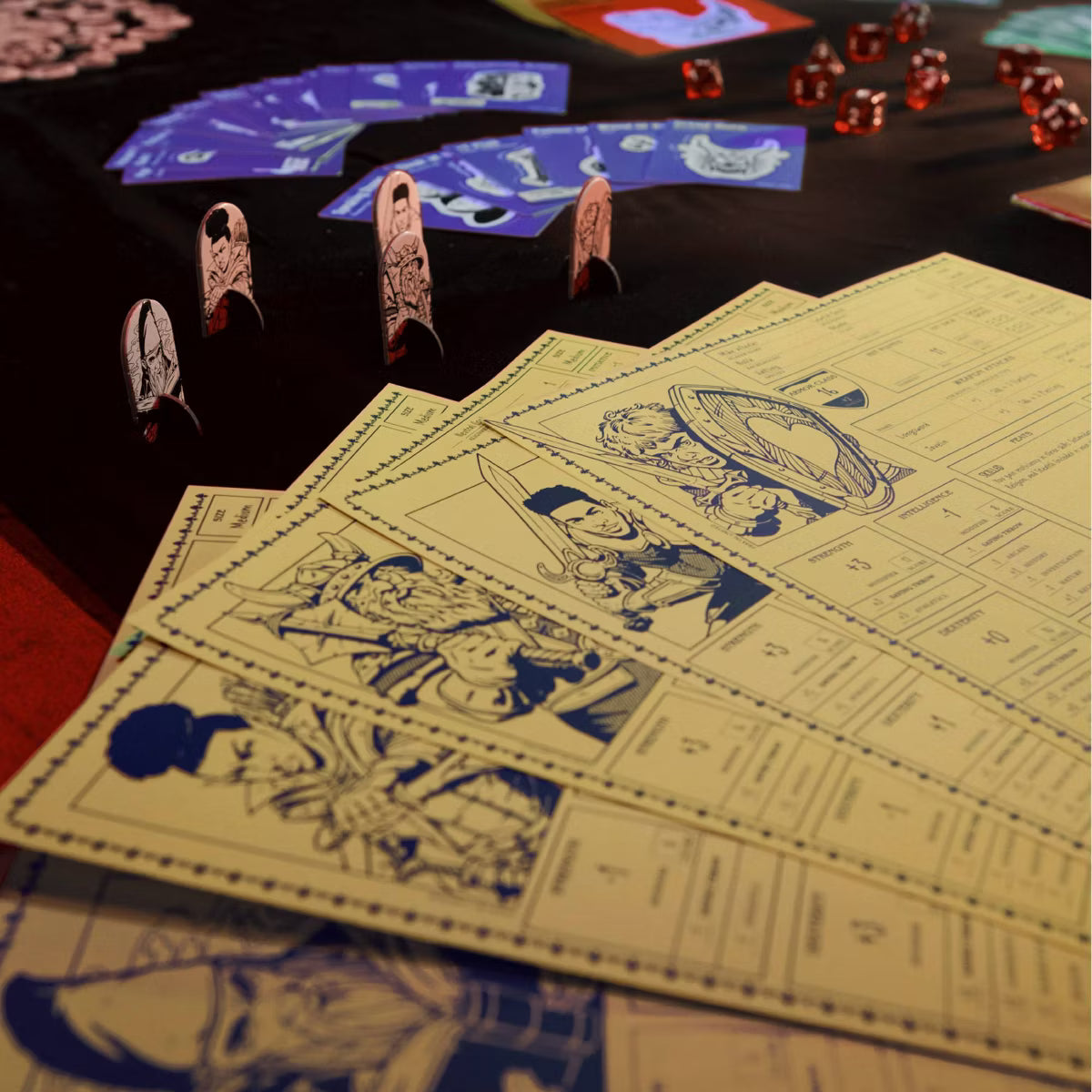 Vintage-style playing cards with illustrations on a table with dice.