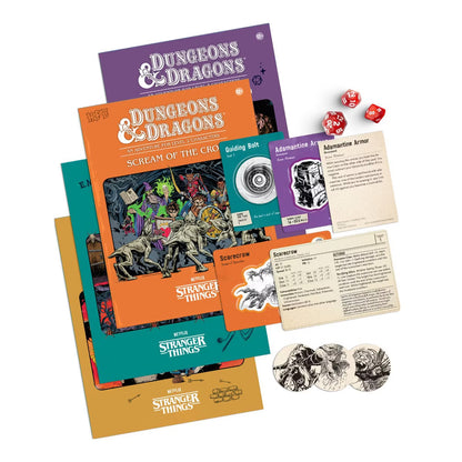 Dungeons & Dragons game books and accessories with 'Stranger Things' theme on a white background