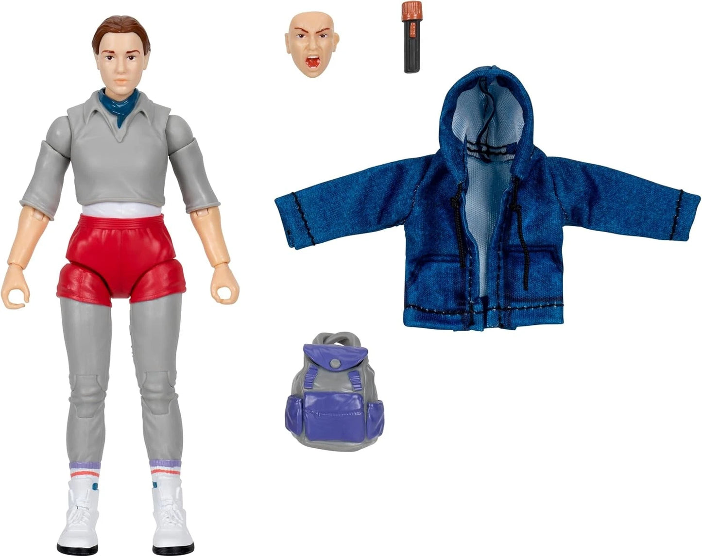 Action figure with accessories including a head, blue jacket, backpack, and red shorts on a white background