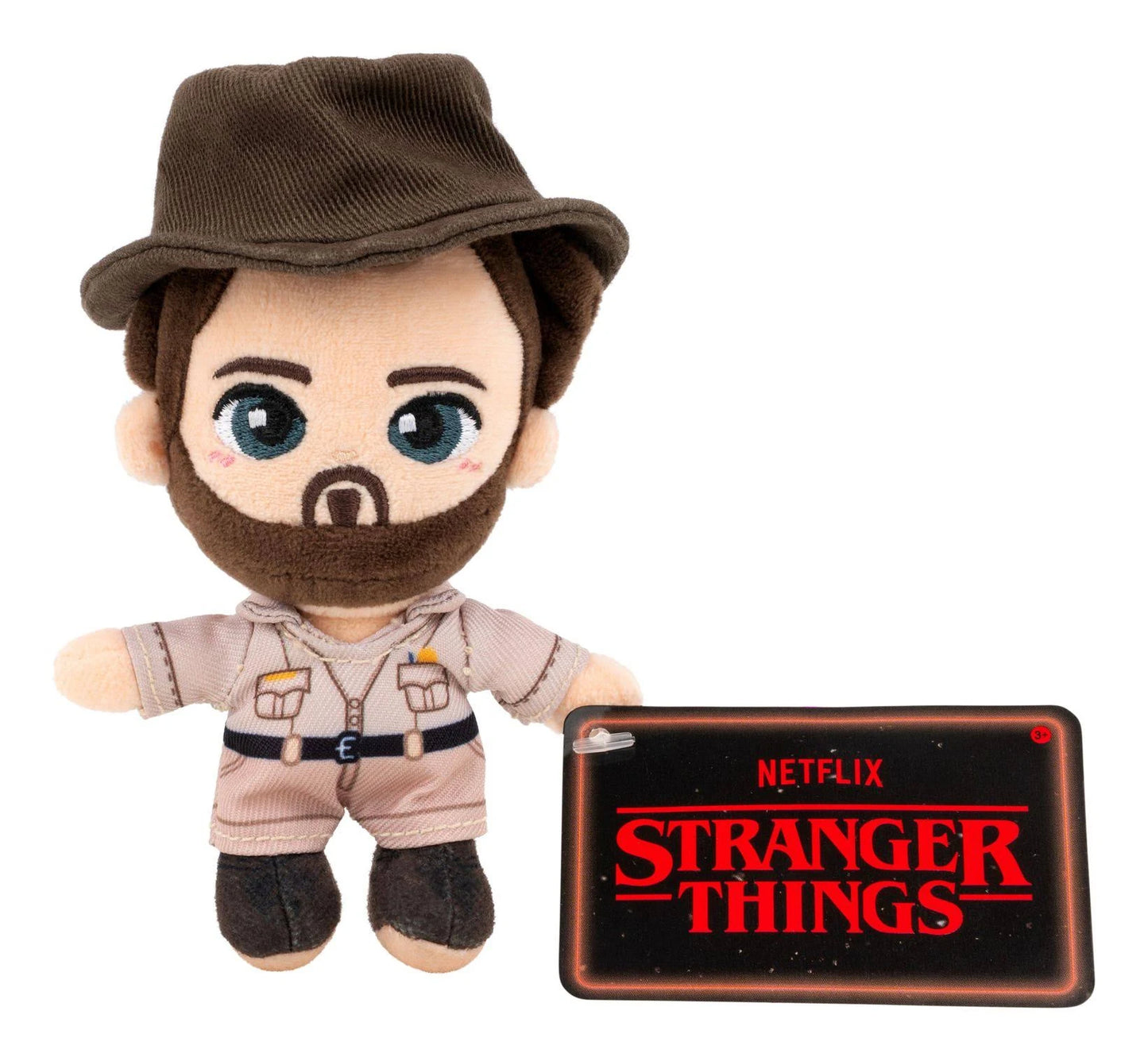 Plush toy with a hat and outfit, next to a 'Stranger Things' tablet case on a white background