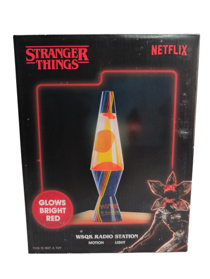 Stranger Things-themed lava lamp packaging with red neon outline and character illustration.