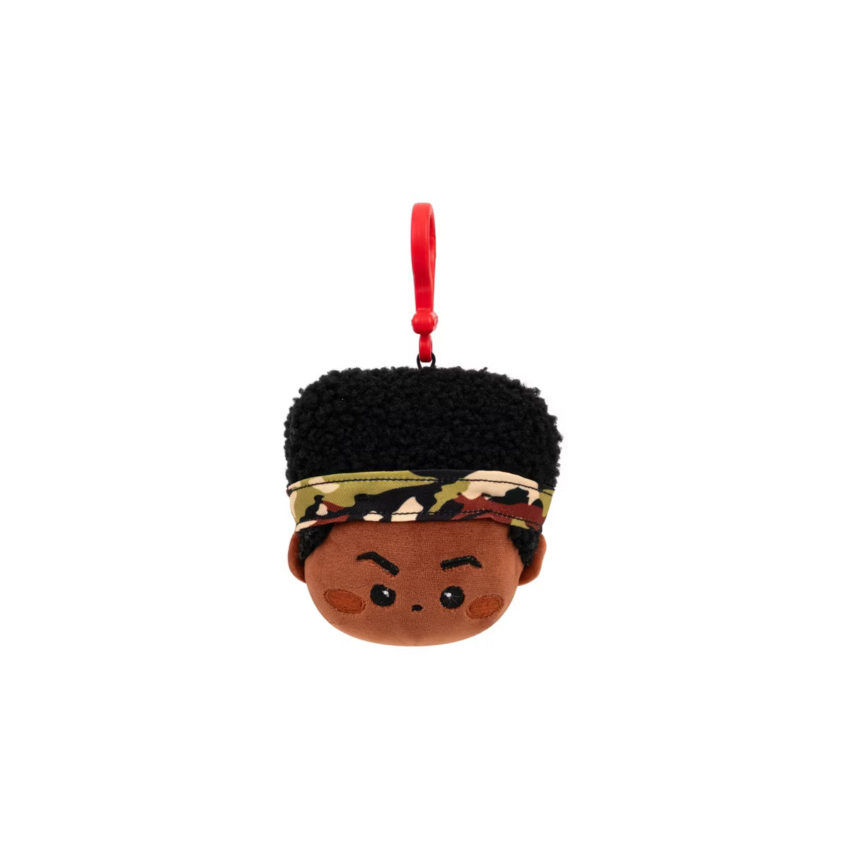 Plush keychain with a person's face, black hair, and a colorful headband on a white background.