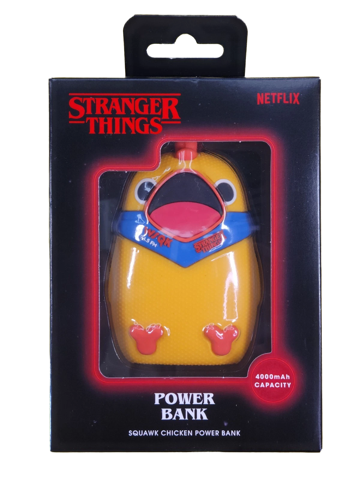 Yellow squawk chicken power bank with 'Stranger Things' branding on packaging