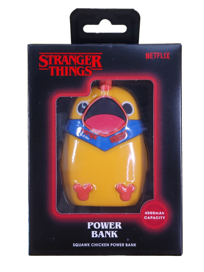 Yellow squawk chicken power bank with 'Stranger Things' branding on packaging