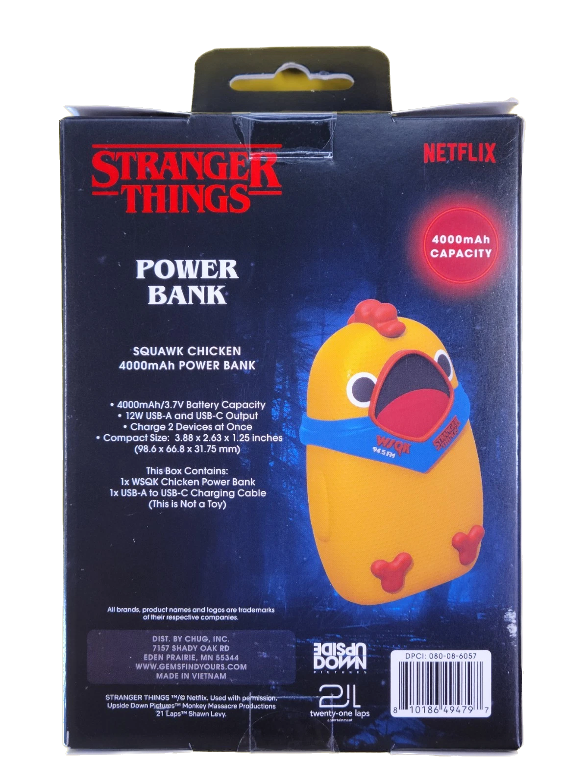 Stranger Things Squawk Chicken power bank packaging on a white background
